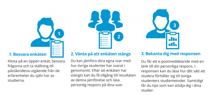 1) Besvara enkäten 2) Väntä på att enkäten stängs 3) Bekanta dig med responsen