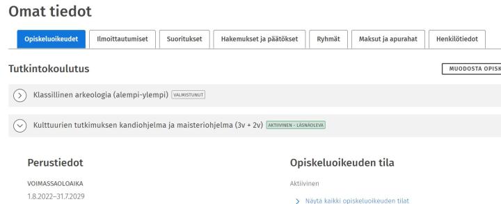 Kuvakaappaus Omat tiedot -sivun Opiskeluoikeudet-välilehdestä.