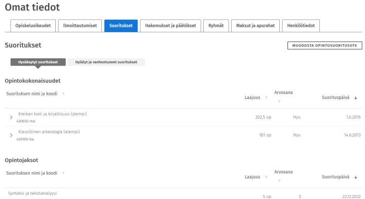 Kuvakaappaus Omat tiedot -sivun Suoritukset-välilehdestä.