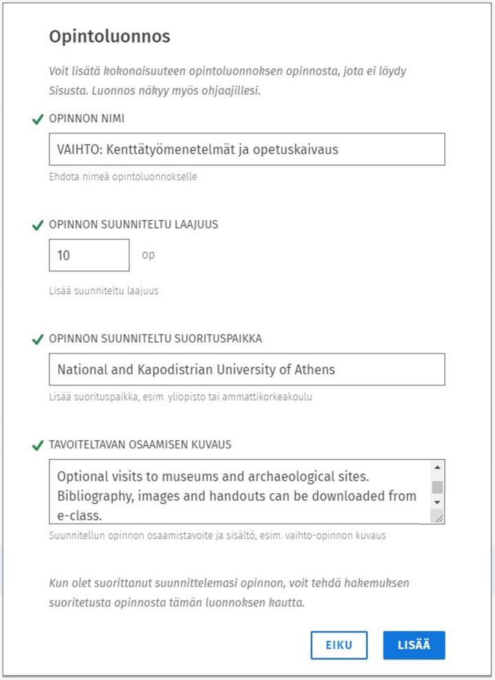 Kuvakaappaus uuden opintoluonnoksen lisäämisen ikkunasta Sisussa.
