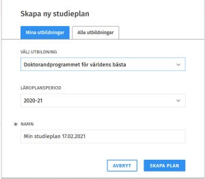 Skärmdump: Poppupfönstret "Skapa plan"
