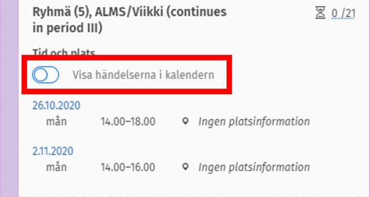 Skärmdump av Visa händelserna i kalendern -knappen