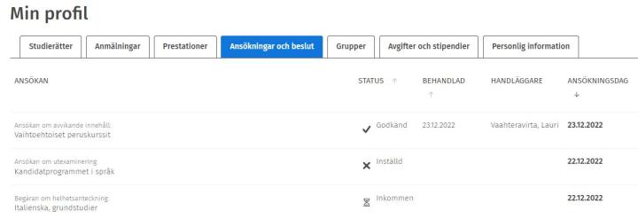 Skärmdump av ansökningar och beslut i Min profil i Sisu.