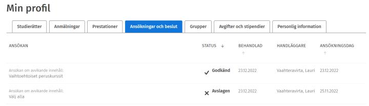 Skärmdump av Ansökningar och beslut-fliken på Min profil-sidan i Sisu 