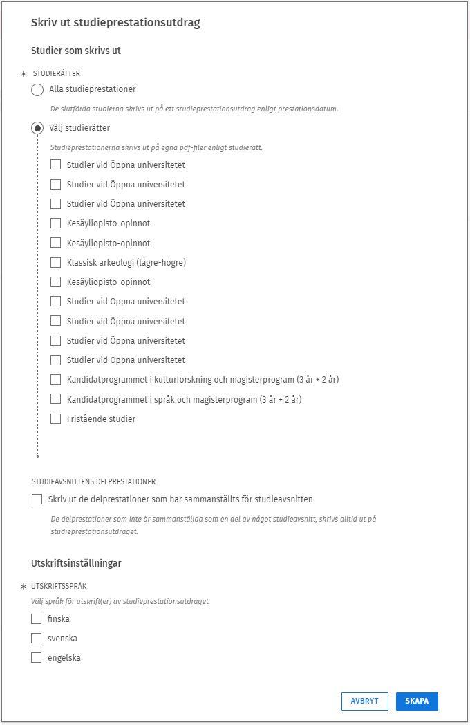 Skärmdump av val för studieutdraget i Sisu.