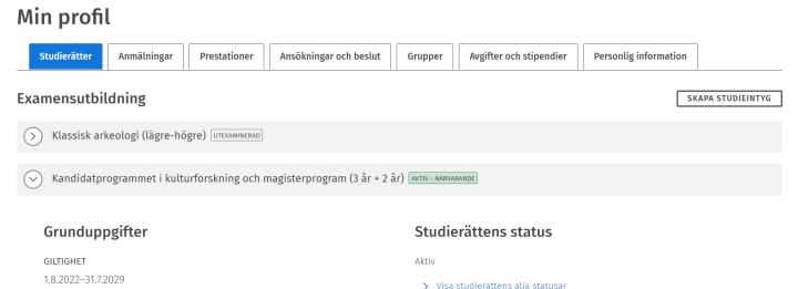 Skärmdump av fliken Studierätter.