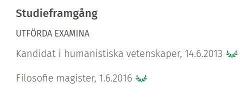 Skärmdump av ett utexaminerat studierätt