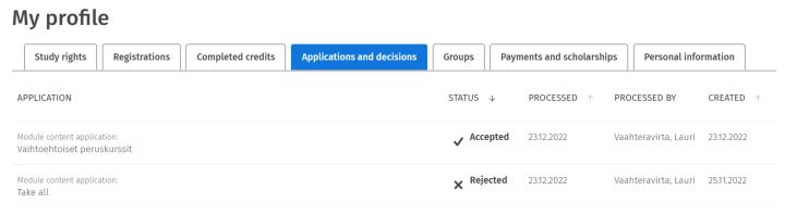 Screen capture of applications and decisions on the My profile page in Sisu.