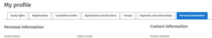Screen capture of the Personal information tab.