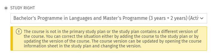 Screenshot of the error message when a course is not in the primary study plan.