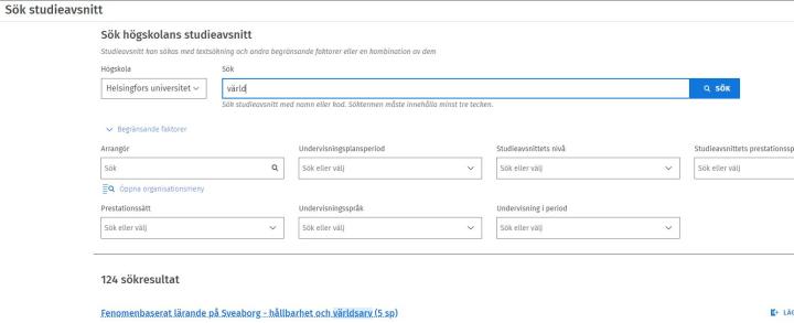 Skärmbild: sök studieavsnitt i Sisu