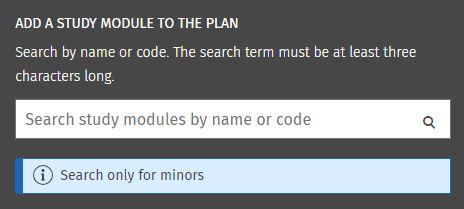Screen capture of the study module search with the text about restriction to minors only.