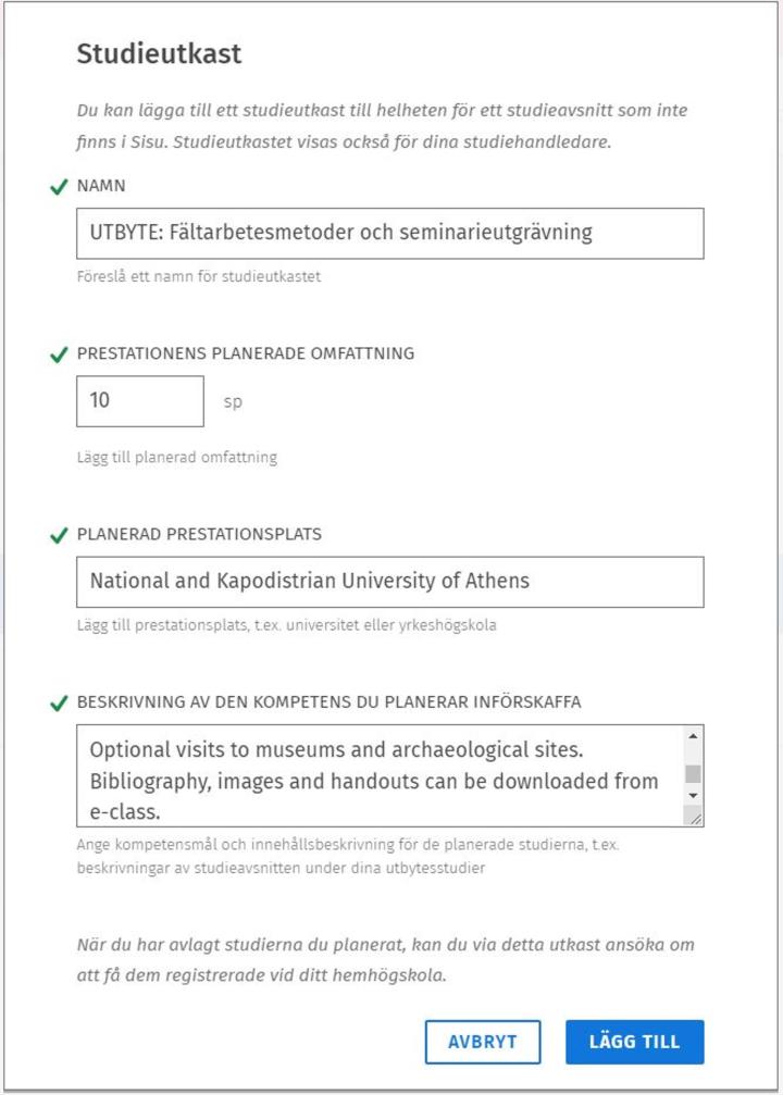 Skärmdump av fönstret för ett nytt studietukast i Sisu.