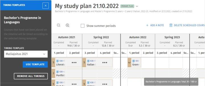 Screenshot: timing template in Sisu