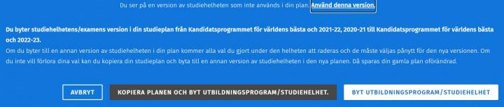 Skärmdump av anmälan för bekräftning av val av version