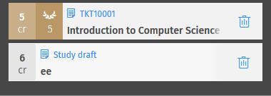 Kuva opintoluonnoksesta valinta-avustimessa. Kuvassa on kehystetty punaisella kehyksellä roskakorikuvake, jota klikkaamalla opintoluonnoksen voi poistaa.