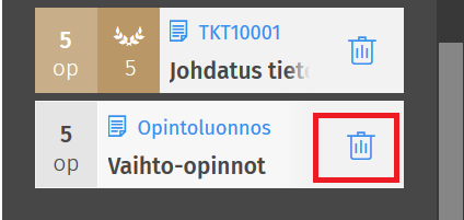 Kuva opintoluonnoksesta valinta-avustimessa. Kuvassa on kehystetty punaisella kehyksellä roskakorikuvake, jota klikkaamalla opintoluonnoksen voi poistaa.