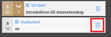 Kuva opintoluonnoksesta valinta-avustimessa. Kuvassa on kehystetty punaisella kehyksellä roskakorikuvake, jota klikkaamalla opintoluonnoksen voi poistaa.