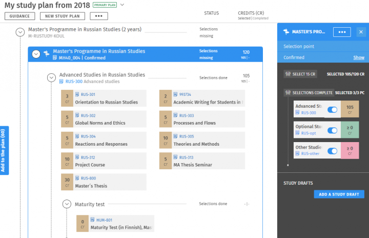 Screenshot from Sisu's study planning view.