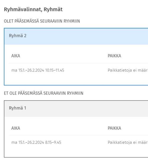 Kuvakaappaus ilmoittautumisen tiedoista Sisussa.