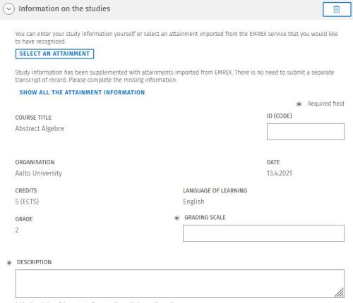 The image shows the information transmitted by Emrex in the credit transfer application.