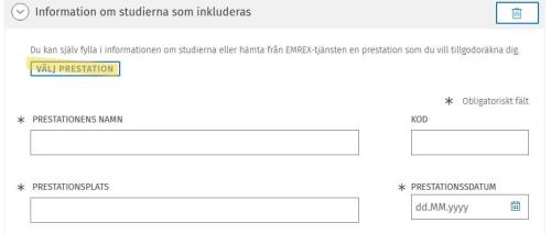 Bilden visar hur man väljer prestationer för en tillgodoräknandeansökan i Sisu.