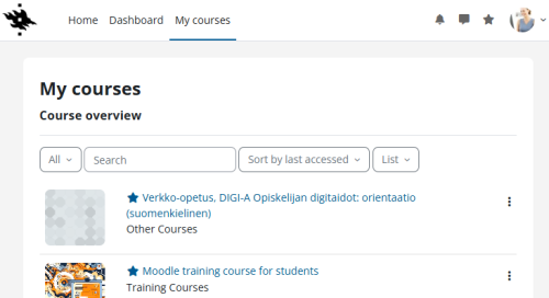 My courses page showing two listed courses: a Finnish digital skills orientation and a Moodle training course for students.