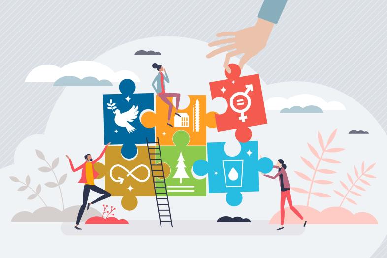 People building a jigsaw puzzle with colourful pieces symbolising the Sustainable Development Goals.