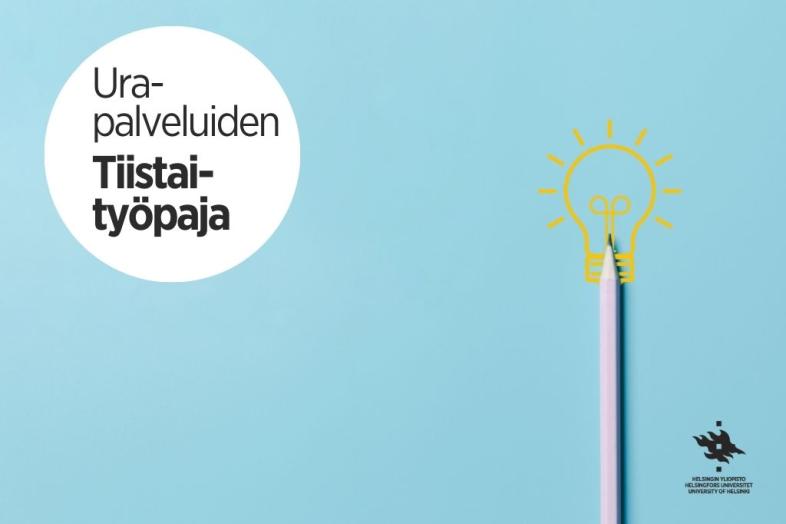 Pen on a blue background. A White circle with the text "Career Services' Tuesday workshops" in it. 