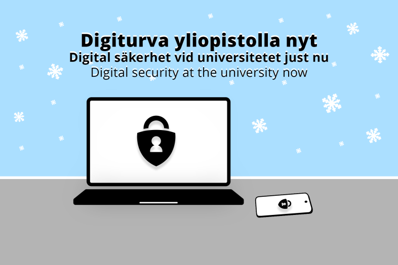 Digital Security at the University Now – digital security review 1/2025, snowscape, laptop and phone with lock icons.