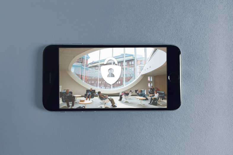 mobile phone, image of university facilities and lock icon