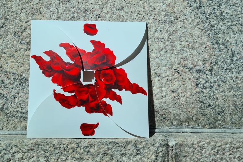 Against the stone wall leans a white congratulatory letter with the University's flame sigil formed out of red rose petals.