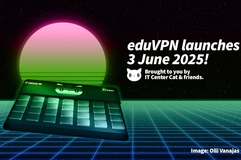 Kuvituskuva IT-kissalogolla varustetusta läppäristä. Taide: Olli Vanajas