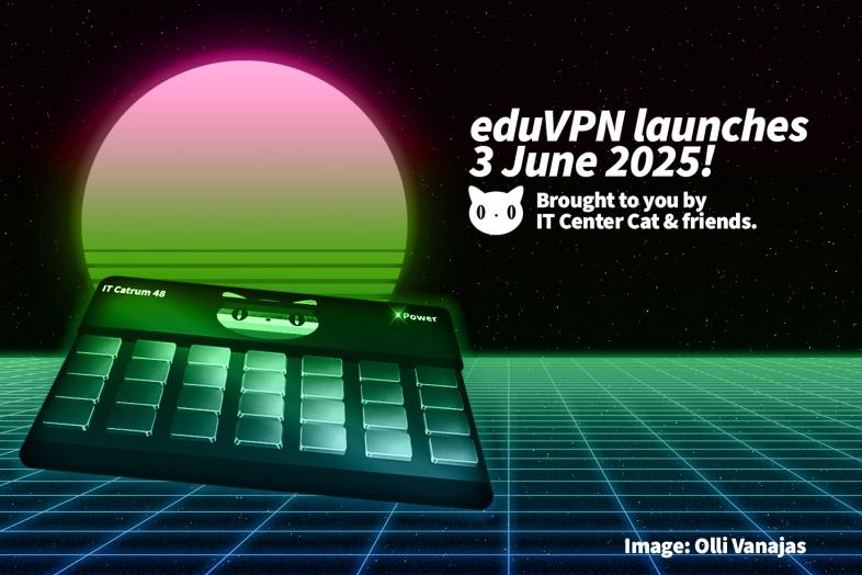 Kuvituskuva IT-kissalogolla varustetusta läppäristä. Taide: Olli Vanajas