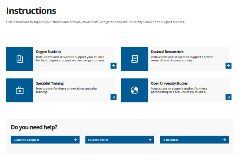 Screenshot of the new starting page of the Instructions section.