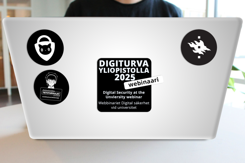 laptop, laptop stickers, a text Digital security at the university 2025 webinar