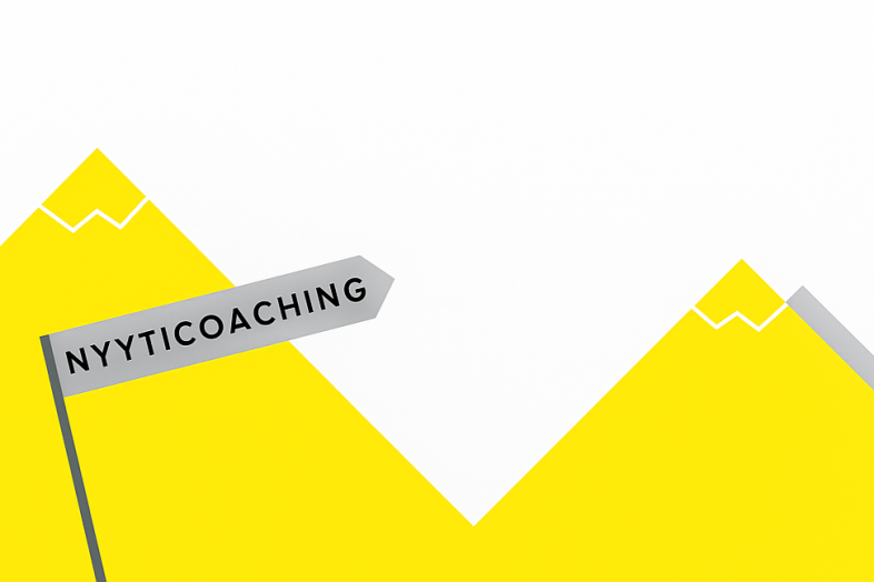 Two mountain tops and a sign that says "NyytiCoaching".
