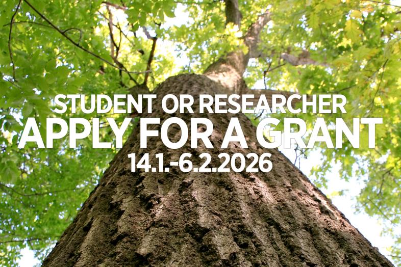 A tree trunk in the background, in the foreground the text “Student or researcher, apply for a grant 14 Jan–6 Feb 2026”.