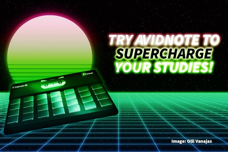 Kuvituskuva yliopiston IT-kissalogolla varustetusta Spectrum 48 -tietokoneesta retrowave-tunnelmissa.