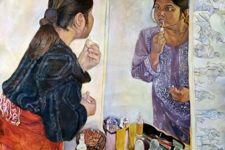 A painting piece of a young person looking in the mirror, wearing a different outfit in the mirror