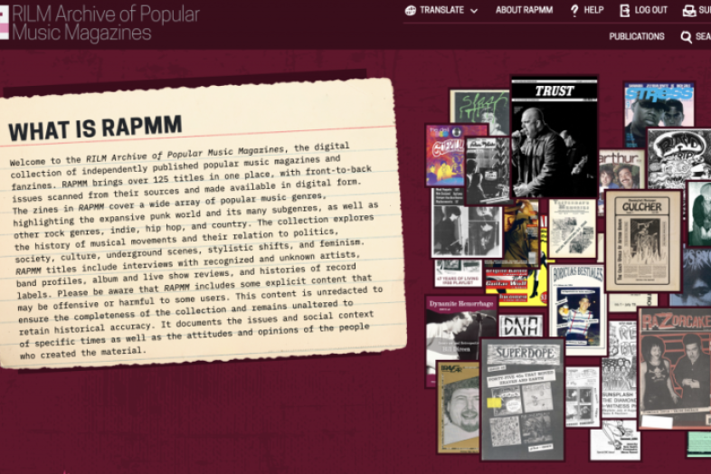 Tietokannan kuvaus englanniksi ja kokoelma musiikkilehtien kansikuvia.