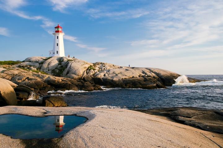 A white lighthouse on a cliff by the sea.