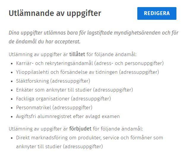 Skärmdump av utlämnande av uppgifter på Min profil-sidan.