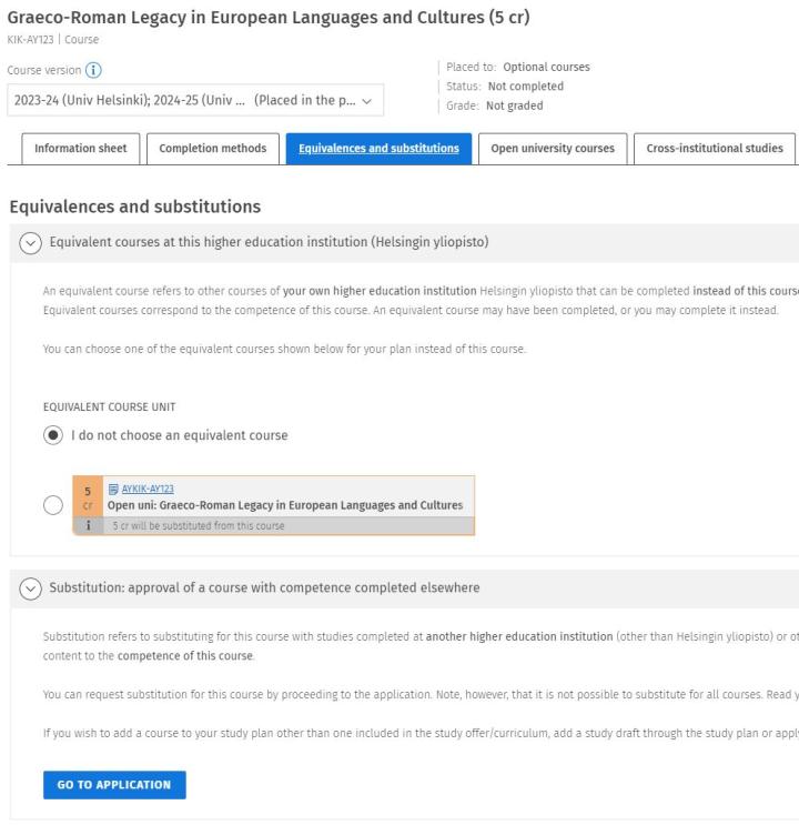 Screen capture of the Equivalences and substitutions tab on the course brochure..