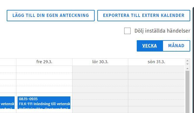 Skärmdump av studiekalenderns knappar.