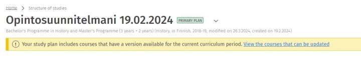 Screen capture of the notification regarding the updating of course versions.
