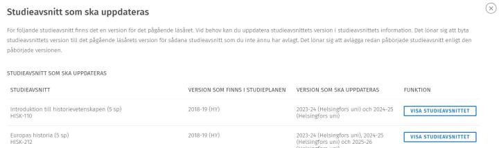 Skärmdump av listan om studieavsnitt som ska uppdateras.