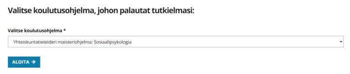 Kuva koulutusohjelman valitsemisesta järjestelmässä.