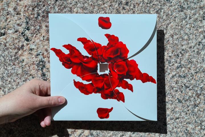 A white folder with the University logotype made out of rose petals.