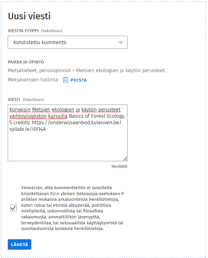 kohdistetun kommentin lisääminen